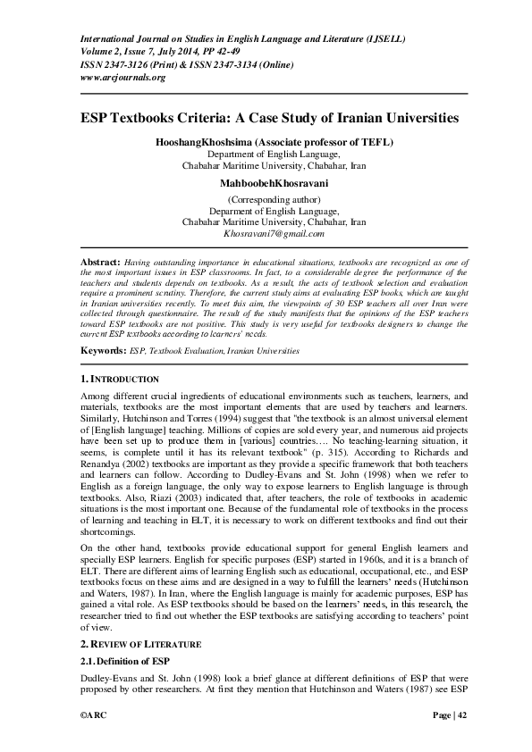 (PDF) ESP Textbooks Criteria: A Case Study of Iranian Universities ...