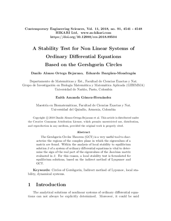 (PDF) A stability test for non linear systems of ordinary differential ...
