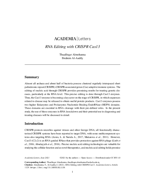 (PDF) RNA Editing with CRISPR Cas13