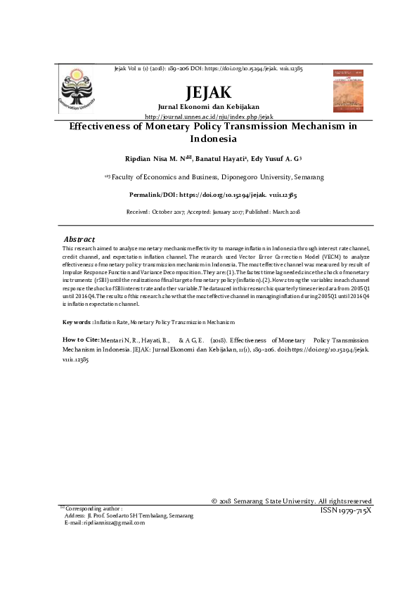 (PDF) Effectiveness of Monetary Policy Transmission Mechanism in Indonesia