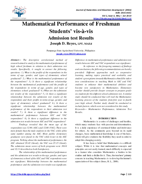 (PDF) Mathematical Performance of Freshman Students’ vis-à-vis