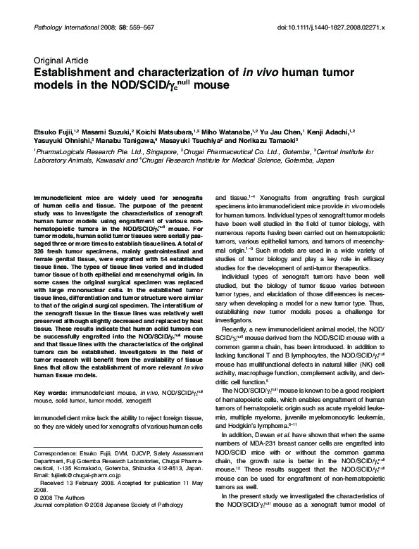 (PDF) Establishment and characterization of in vivo human tumor models ...