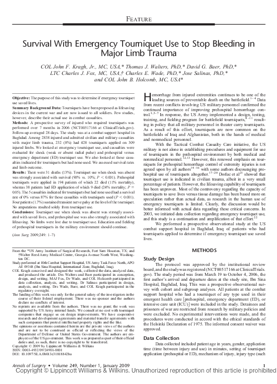 (PDF) Survival with emergency tourniquet use to stop bleeding in major limb trauma Charles Fox
