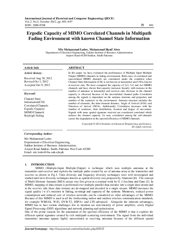 (PDF) Ergodic Capacity of MIMO Correlated Channels in Multipath Fading ...