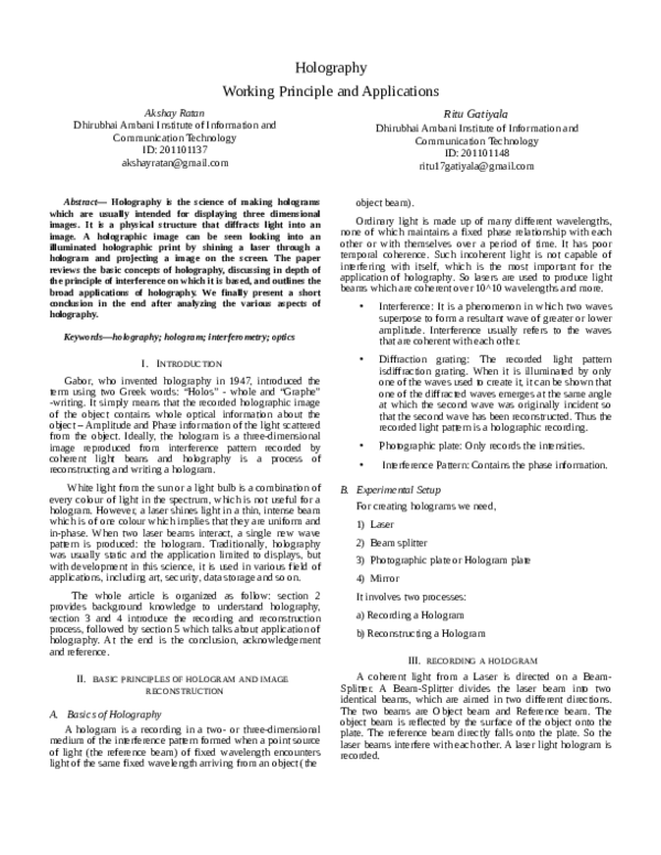(PDF) Holography - Working Principle and Applications