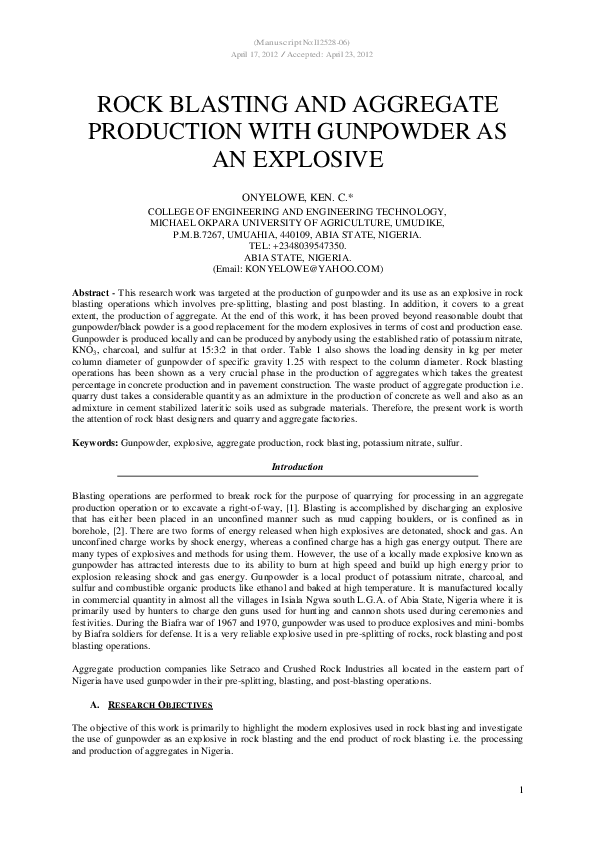 (PDF) Rock Blasting and Aggregate Production with Gunpowder as an Explosive