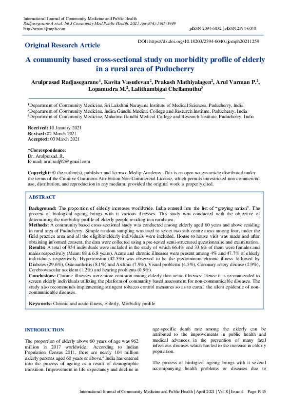 (PDF) A community based cross-sectional study on morbidity profile of ...