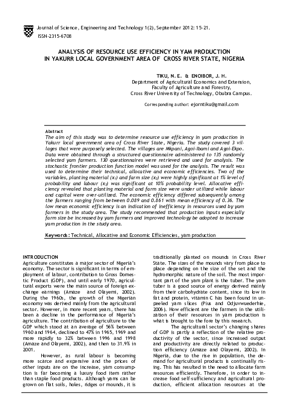 (PDF) Analysis of Resource Use Efficiency in Yam Production in Yakurr ...