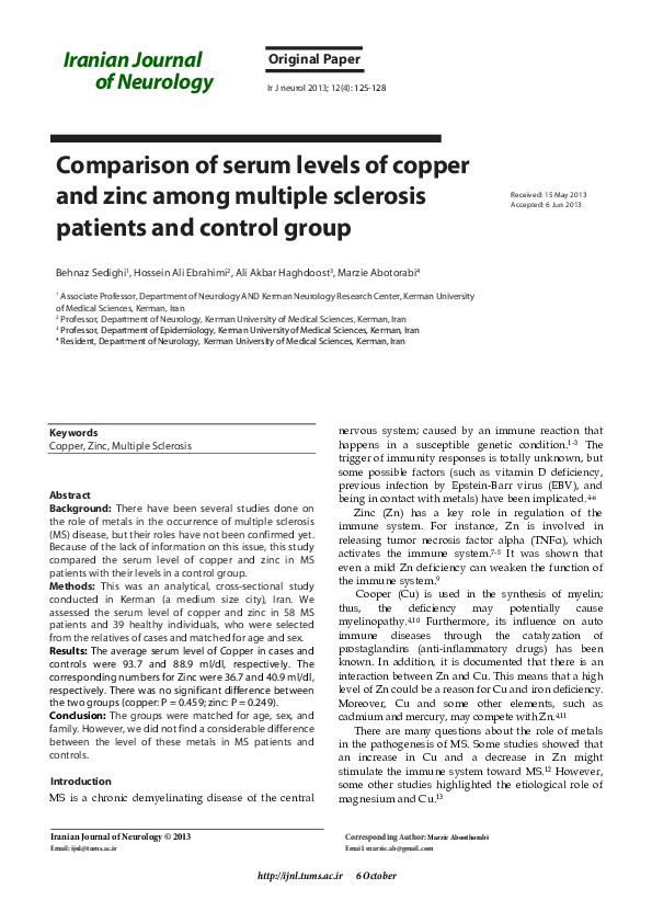 (PDF) Comparison of serum levels of copper and zinc among multiple ...
