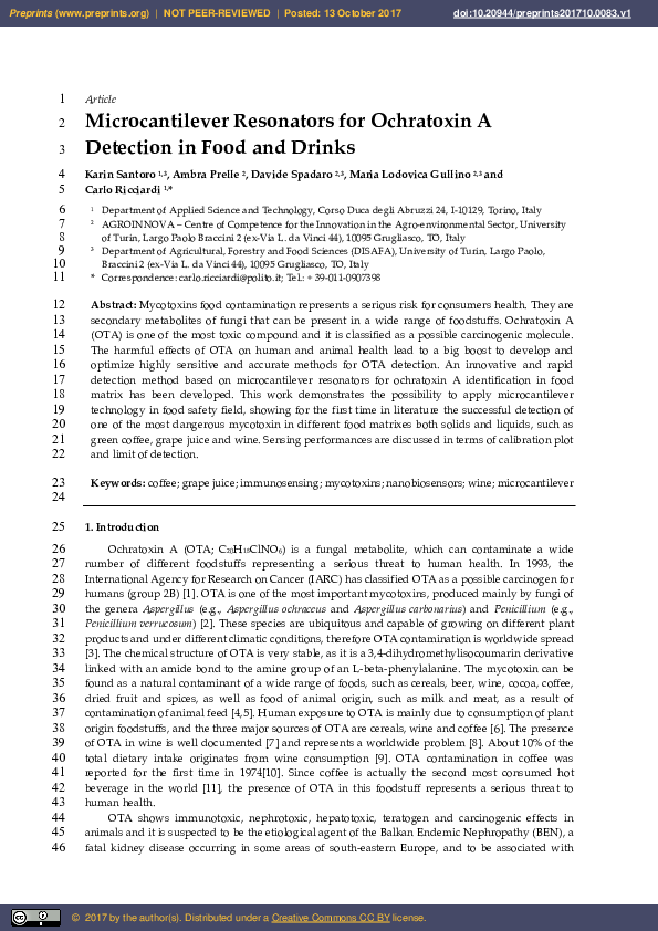 (PDF) Microcantilever Resonators for Ochratoxin A Detection in Food and