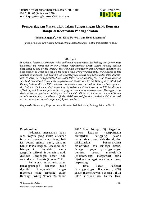 (PDF) Pemberdayaan Masyarakat dalam Pengurangan Risiko Bencana Banjir