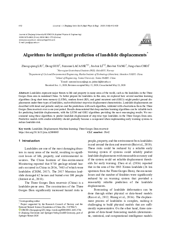 (PDF) Algorithms for intelligent prediction of landslide displacements