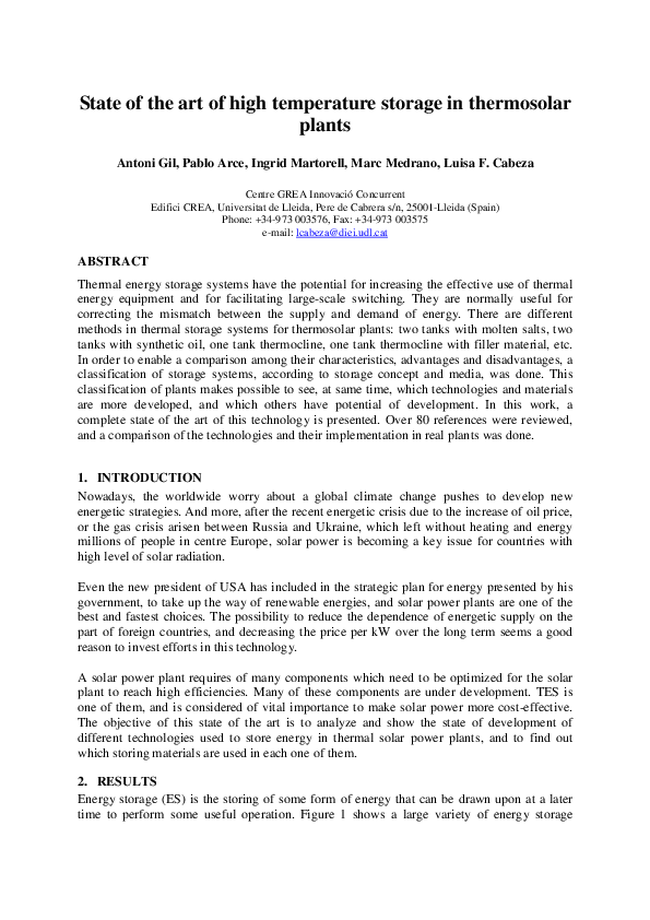 (PDF) State of the art of high temperature storage in thermosolar plants