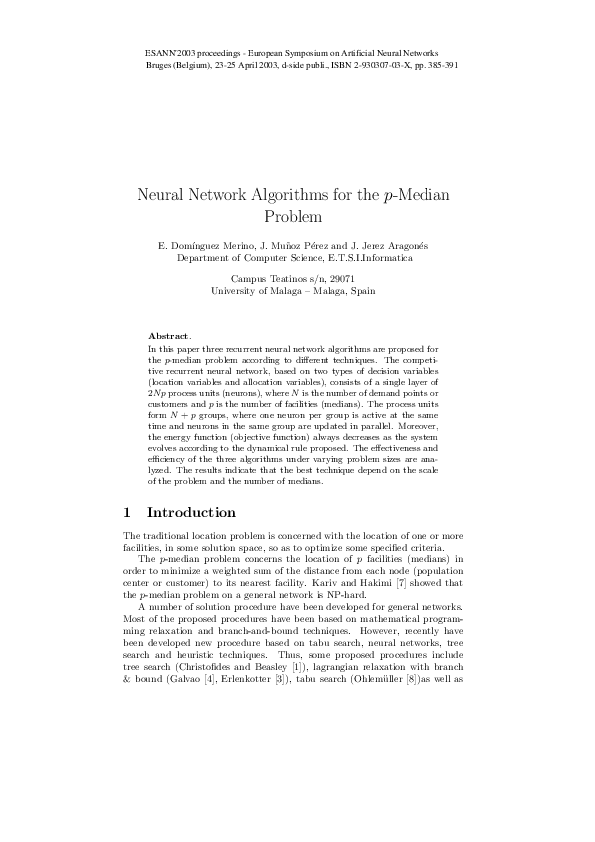 (PDF) Neural Network Algorithms for the p-Median Problem
