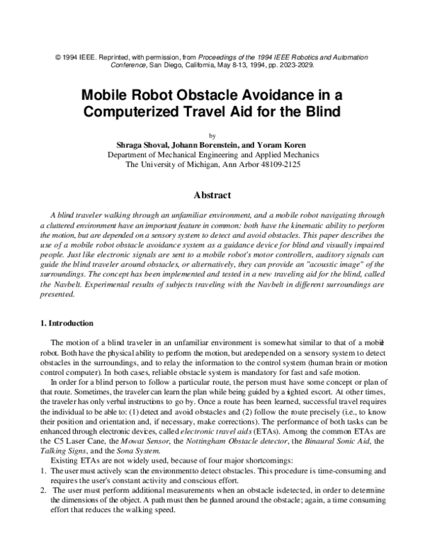 (PDF) Mobile robot obstacle avoidance in a computerized travel aid for ...