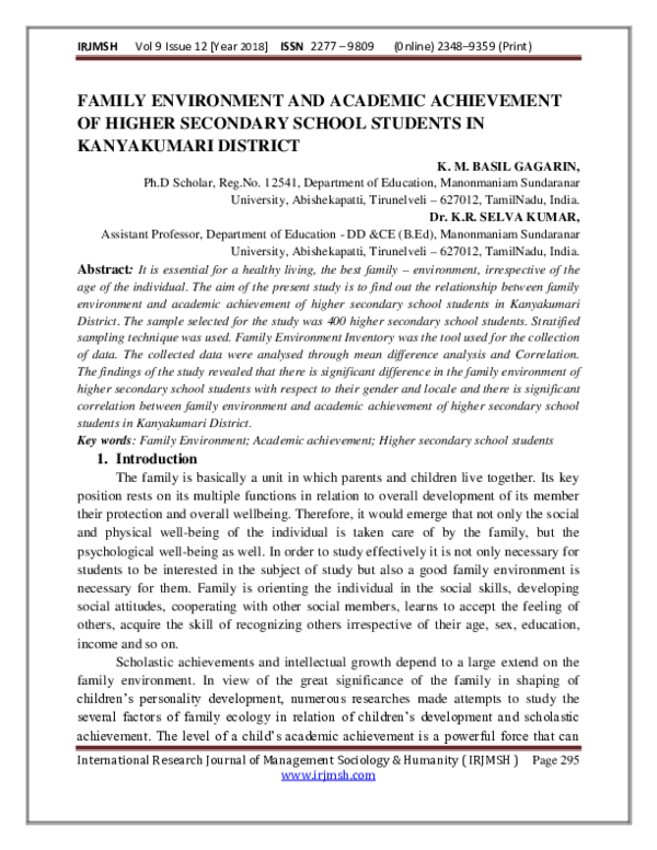 (PDF) FAMILY ENVIRONMENT AND ACADEMIC ACHIEVEMENT OF HIGHER SECONDARY ...