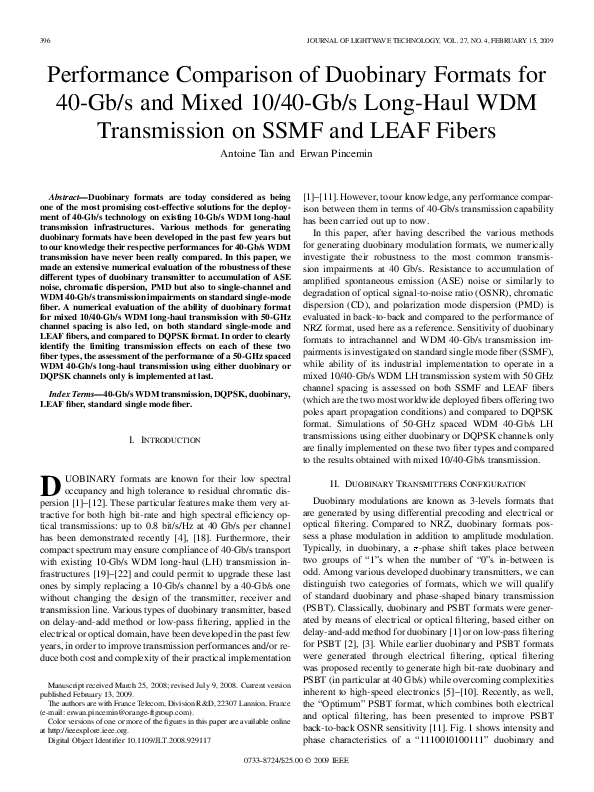 (PDF) Performance Comparison of Duobinary Formats for 40-Gb/s and Mixed ...