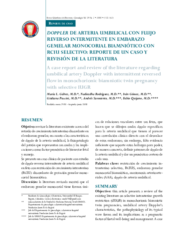 (PDF) DOPPLER DE ARTERIA UMBILICAL CON FLUjO REVERSO INTERMITENTE EN EMBARAZO GEMELAR MONOCORIAL