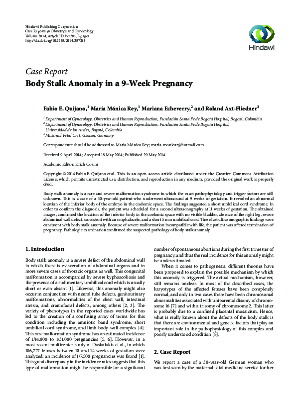 (PDF) Body Stalk Anomaly in a 9Week Pregnancy Fabio Quijano Academia.edu