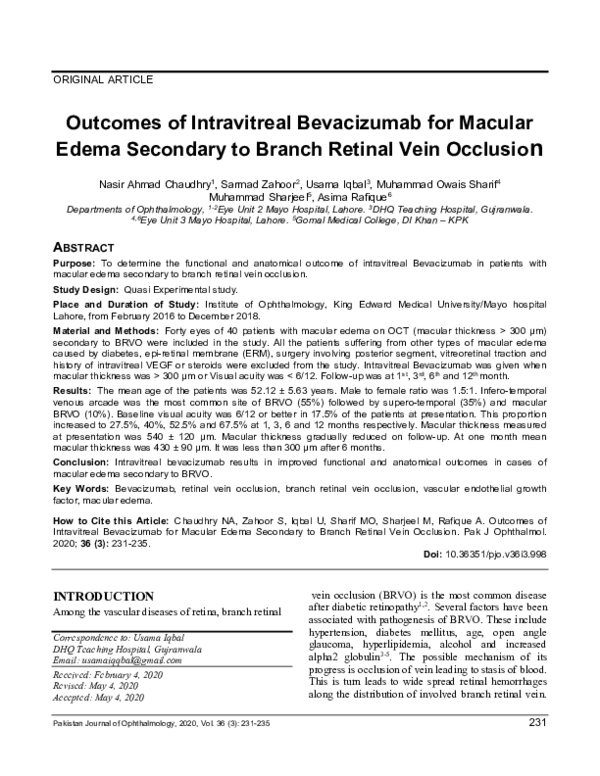 (PDF) Outcomes of Intravitreal Bevacizumab for Macular Edema Secondary ...