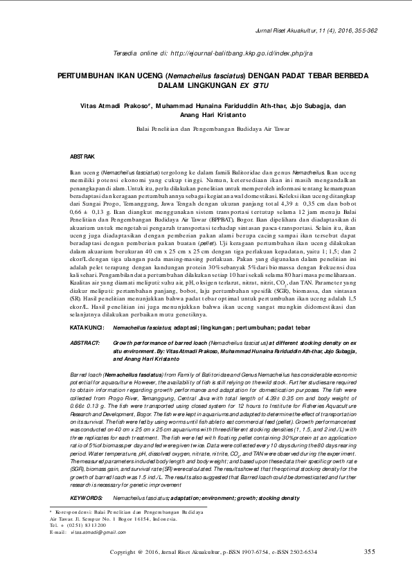 (PDF) PERTUMBUHAN IKAN UCENG (Nemacheilus fasciatus) DENGAN PADAT TEBAR ...