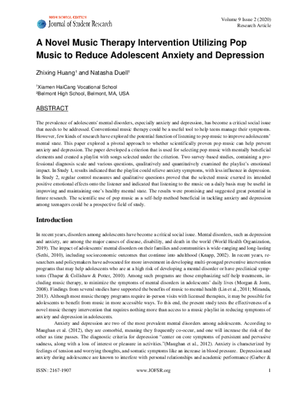 (PDF) A Novel Music Therapy Intervention Utilizing Pop Music to Reduce ...