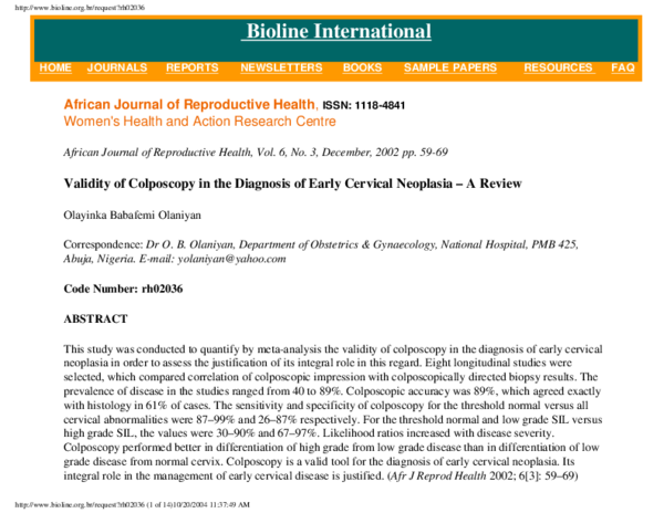 (PDF) Validity of Colposcopy in the Diagnosis of Early Cervical ...
