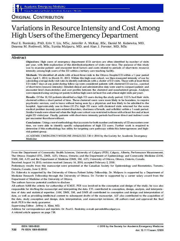 (PDF) Variations in resource intensity and cost among high users of the ...