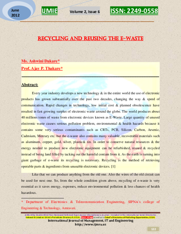 (PDF) RECYCLING AND REUSING THE E-WASTE