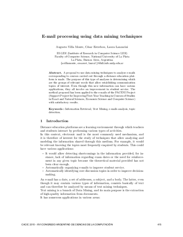 (PDF) E-mail processing using data mining techniques