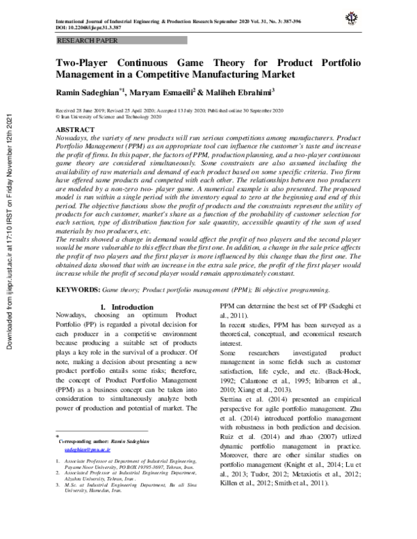 PDF Two Player Continuous Game Theory For Product Portfolio Management In A Competitive