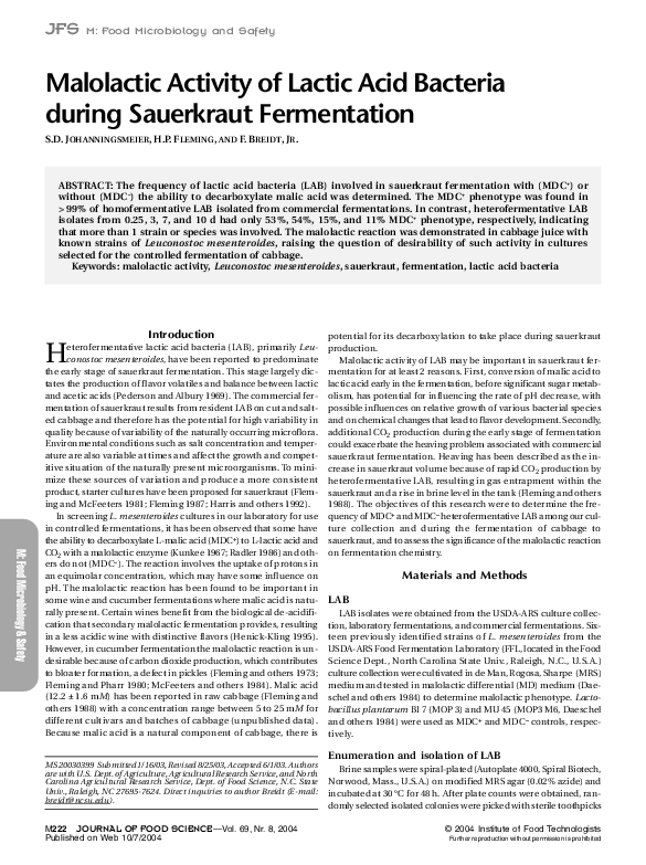 (PDF) Malolactic Activity of Lactic Acid Bacteria during Sauerkraut