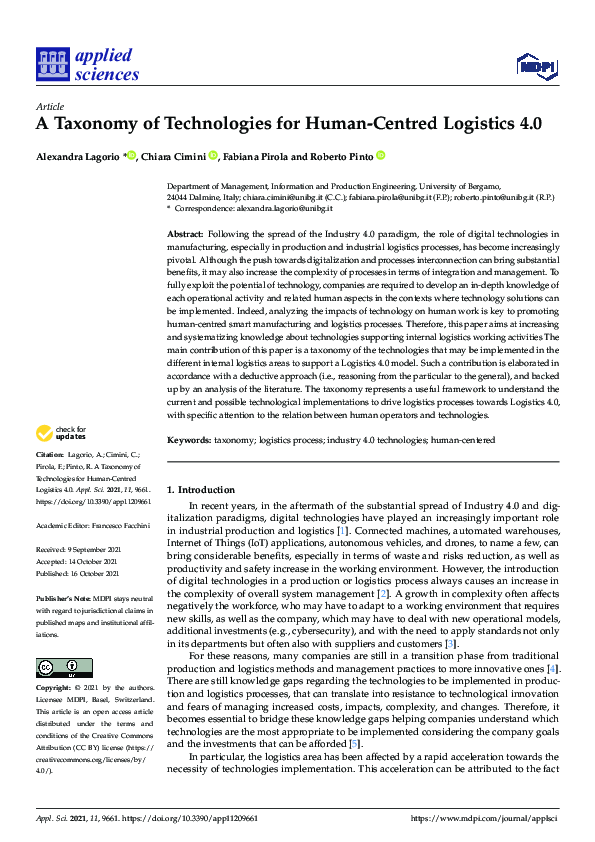(PDF) A Taxonomy of Technologies for Human-Centred Logistics 4.0