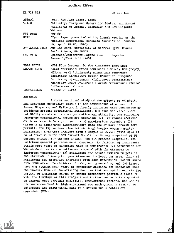 Ethnicity, Immigrant Generation Status, and School Attainment of Asians, Hispanics and Non-Hispanic Whites