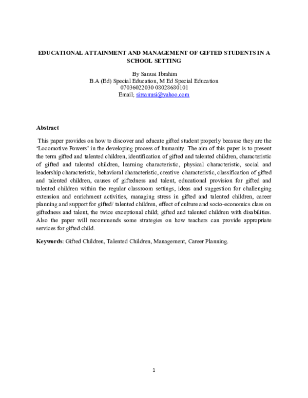 (DOC) EDUCATIONAL ATTAINMENT AND MANAGEMENT OF GIFTED STUDENTS IN A ...