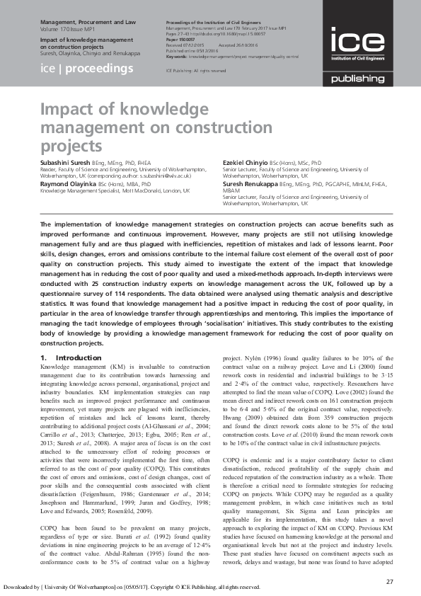 (PDF) Impact of knowledge management on construction projects