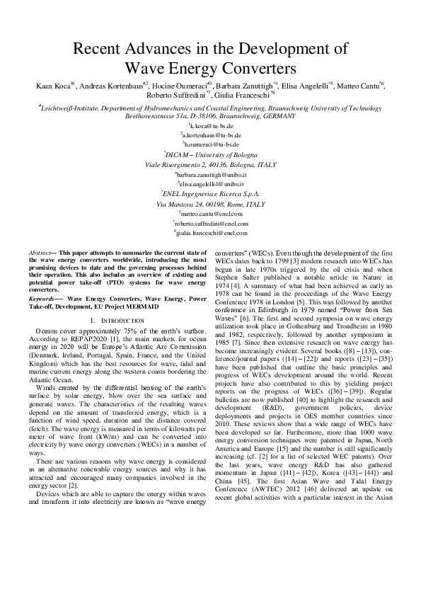 (PDF) Recent advances in the development of wave energy converters