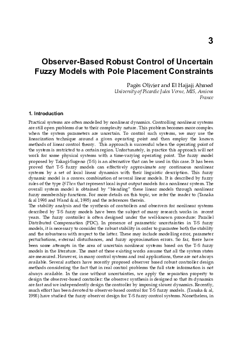 (PDF) Observer-Based Robust Control of Uncertain Fuzzy Models with Pole ...