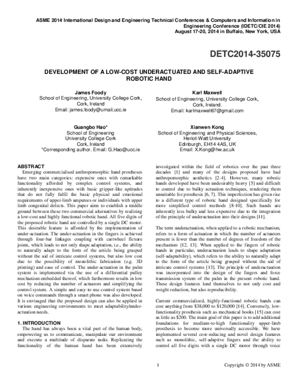 (PDF) Development of a Low-cost Underactuated and Self-adaptive Bionic ...