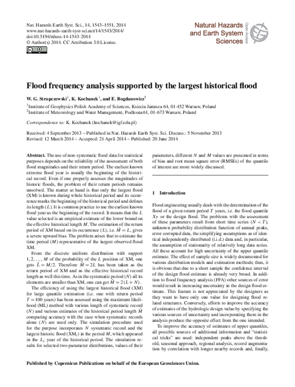 (PDF) Flood frequency analysis supported by the largest historical flood