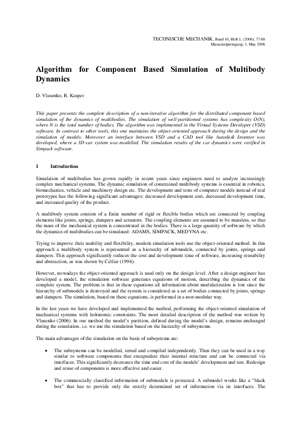 (PDF) Algorithm for component based simulation of multibody dynamics