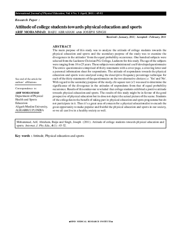 (PDF) Attitude of college students towards physical education and sports