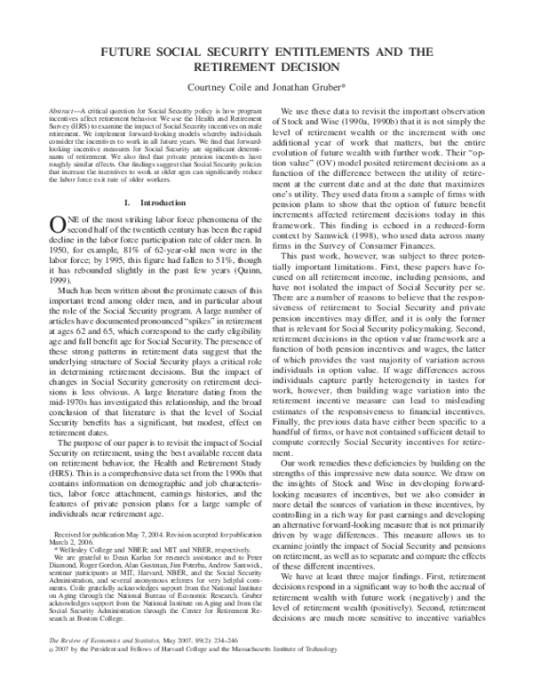 (PDF) Future Social Security Entitlements and the Retirement
