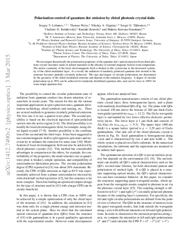(PDF) Polarization control of quantum dot emission by chiral photonic ...