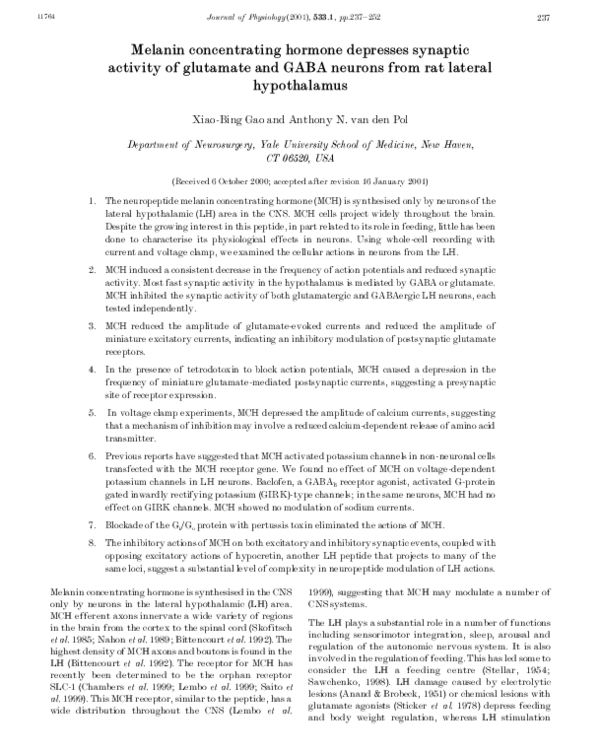 (PDF) Melanin concentrating hormone depresses synaptic activity of