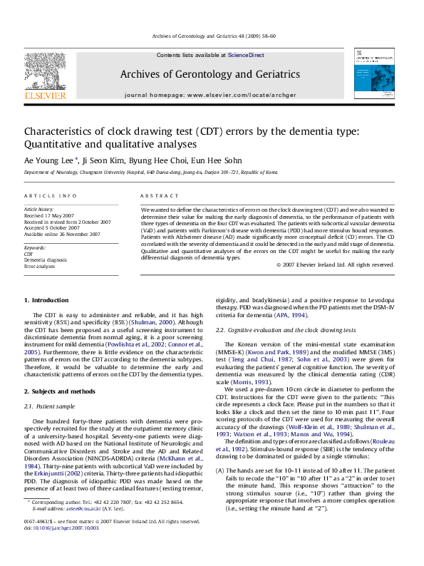 (PDF) Characteristics of clock drawing test (CDT) errors by the