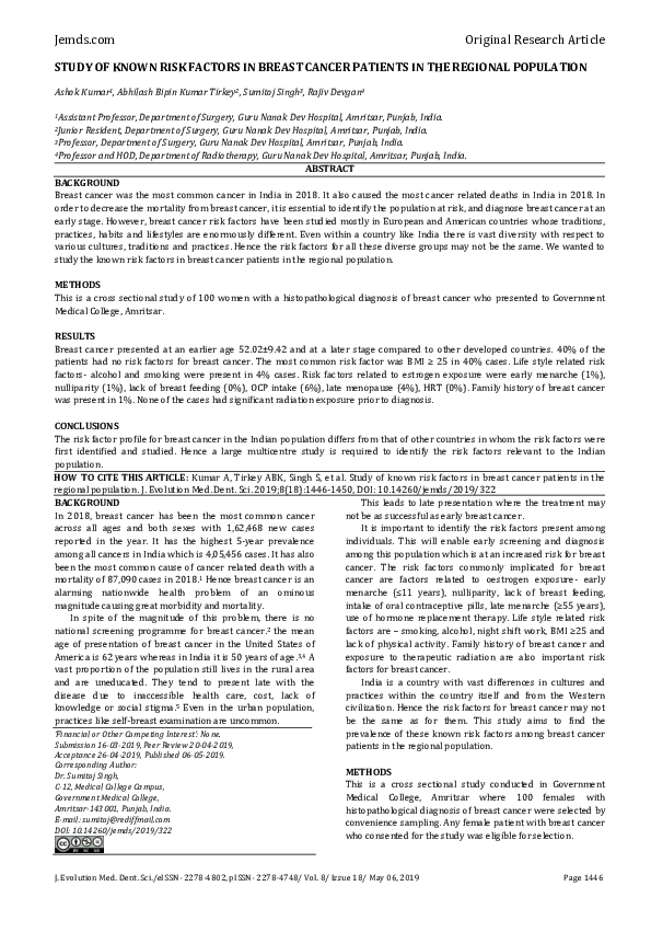 (PDF) Study of Known Risk Factors in Breast Cancer Patients in the ...