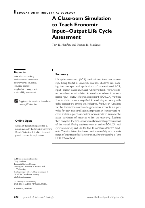 (PDF) A Classroom Simulation to Teach Economic Input−Output Life Cycle ...
