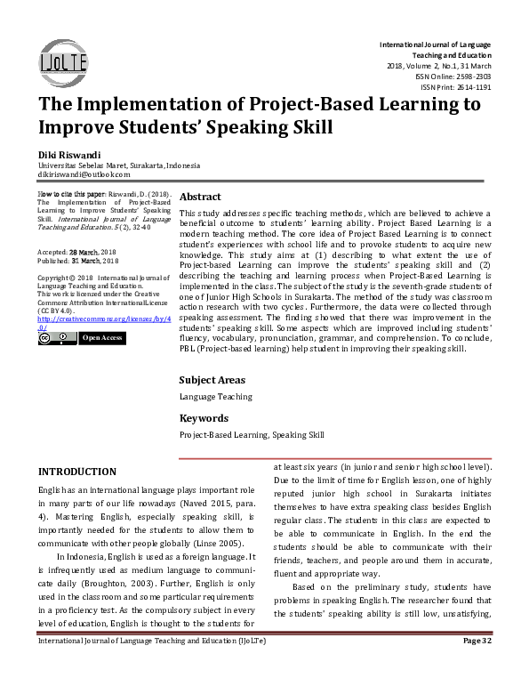 (PDF) The The Implementation of Project-Based Learning to Improve ...