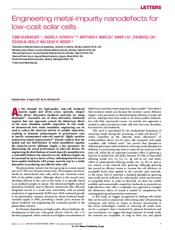 (PDF) Engineering metal-impurity nanodefects for low-cost solar cells